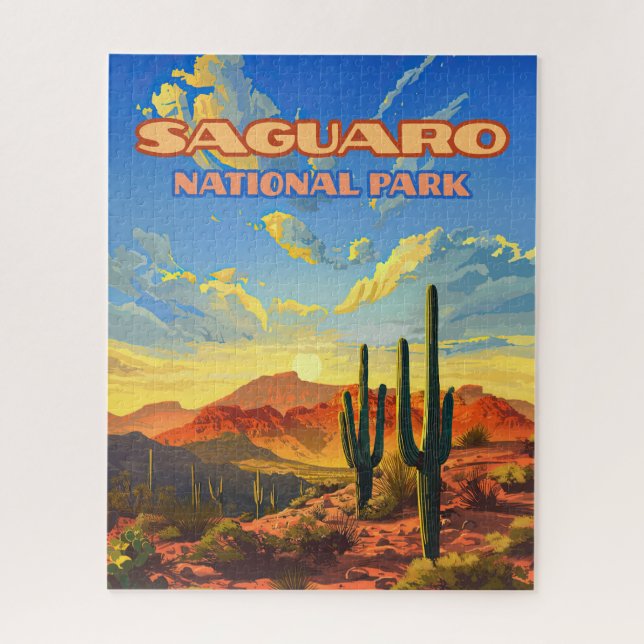 Saguaro National Park Arizona Desert Cactus Retro Jigsaw Puzzle (Vertical)