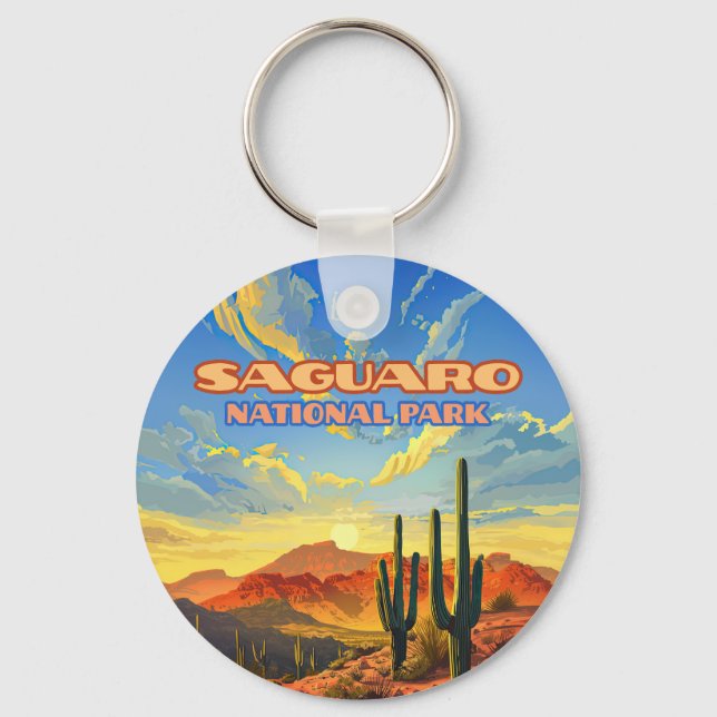 Saguaro National Park Arizona Desert Cactus Retro Key Ring (Front)