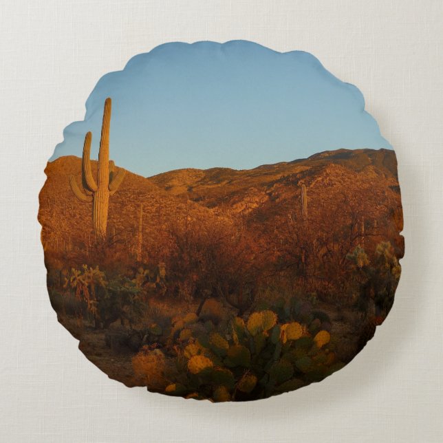 Saguaro Sunset I Arizona Desert Landscape Round Cushion (Front)