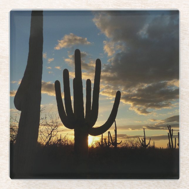 Saguaro Sunset II Arizona Desert Landscape Glass Coaster (Front)