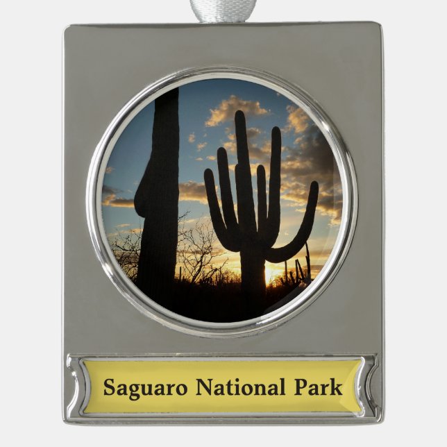 Saguaro Sunset II Arizona Desert Landscape Silver Plated Banner Ornament (Front)