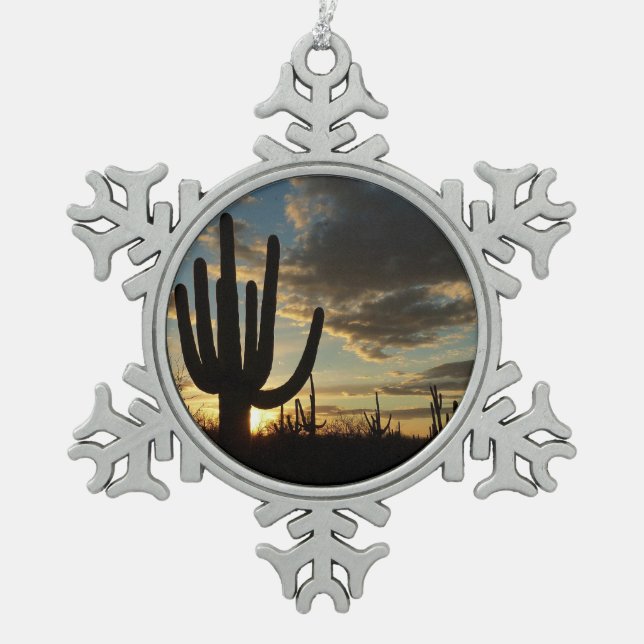 Saguaro Sunset II Arizona Desert Landscape Snowflake Pewter Christmas Ornament (Front)