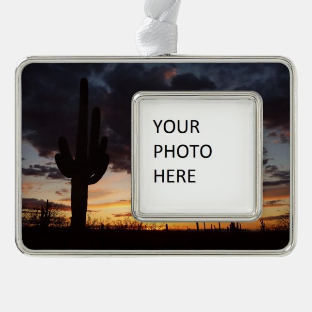 Saguaro Sunset III Arizona Desert Landscape Silver Plated Framed Ornament (Front)