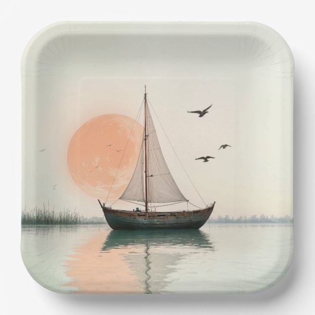 Saiboat Sunset With Seagulls Paper Plate (Front)