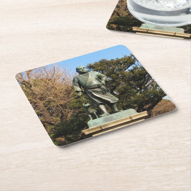 Saigo Takamori (The Last Samurai) & Dog Statue Square Paper Coaster (Angled)