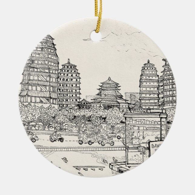 Saigon Pagoda Vietnam Cityscape Pen Ink Drawing Ceramic Tree Decoration (Front)