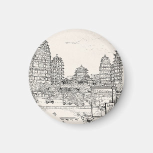 Saigon Pagoda Vietnam Cityscape Pen Ink Drawing Magnet
