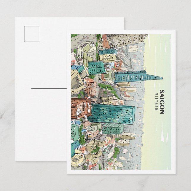 Saigon Vietnam Sketch Art Vintage Travel Postcard (Front/Back)