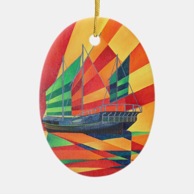 Sail Away Junk Pleasure Boat Ceramic Tree Decoration (Front)