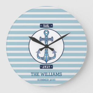 Sail Away Nautical Anchor – Personalised Coastal D Large Clock