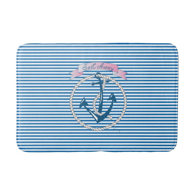 "Sail Away" Nautical Anchor, Rope, Stripes,Modern Bath Mat (Front)