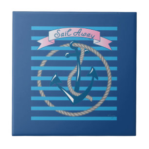 Sail Away Nautical Anchor with blue stripes Tile