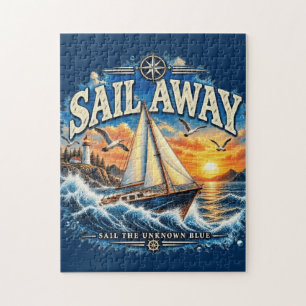 Sail Away Sail the Unknown Blue Nautical Jigsaw Pu Puzzle