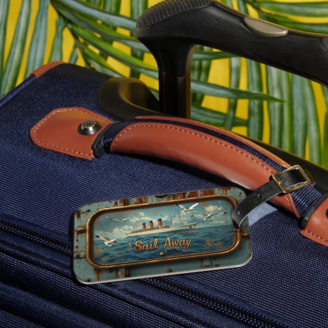 "Sail Away" Vintage Luggage Tag (Front Insitu 3)