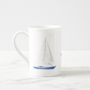 Sail Boat and Blue Anchor Nautical Bone China Mug
