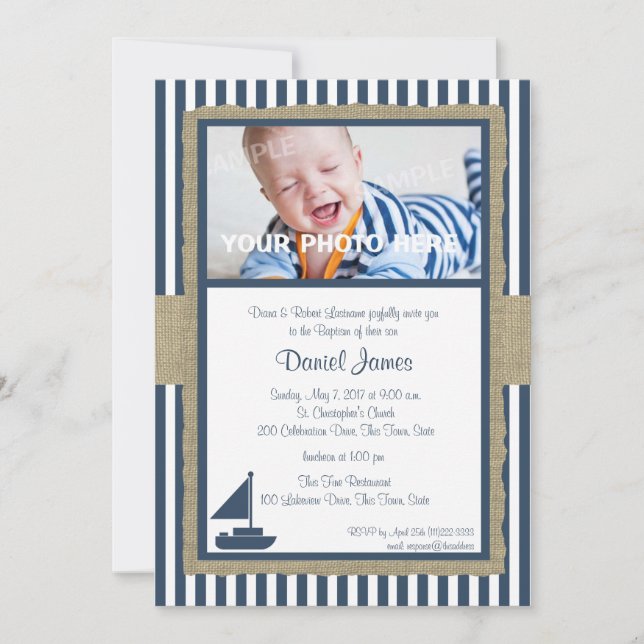 Sail Boat and Stripes Rustic Nautical Baptism Invitation (Front)