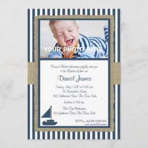 Sail Boat and Stripes Rustic Nautical Baptism Invitation