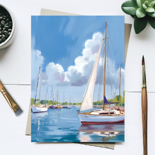 Sail Boat Bay   Coastal Watercolor Painting Postcard