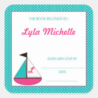 Sail boat Book Plate Monogram Turquoise Pink Girls