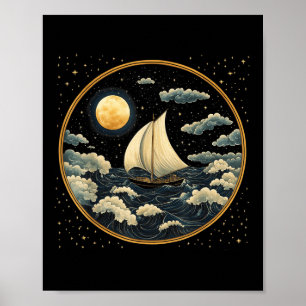 Sail Boat Celestial Aesthetic Art Deco Ocean Sailo Poster
