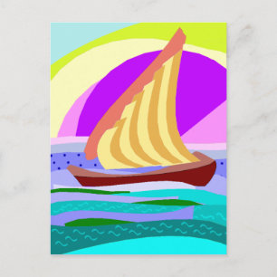 Sail boat, colourful rainbow sky and sea postcard