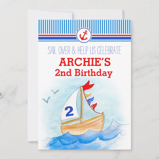 Sail boat nautical boys second 2nd birthday invite (Front)