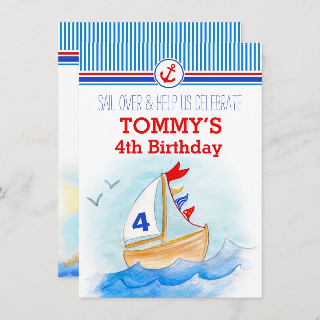 Sail boat nautical boys third 4th birthday invite (Front/Back)