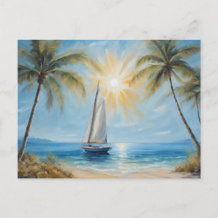 Sail Boat near Tropical Beach, Palm Trees  Postcard