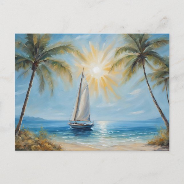 Sail Boat near Tropical Beach, Palm Trees  Postcard (Front)
