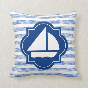 Sail Boat Silhouette With Nautical Blue Stripes Cushion