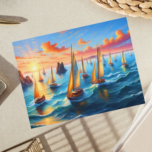 Sail Boats in Peaceful Sunset Sky Ocean Postcard (Capture serenity with tranquil sailboat scene, perfect for sailing enthusiasts and art lovers.)