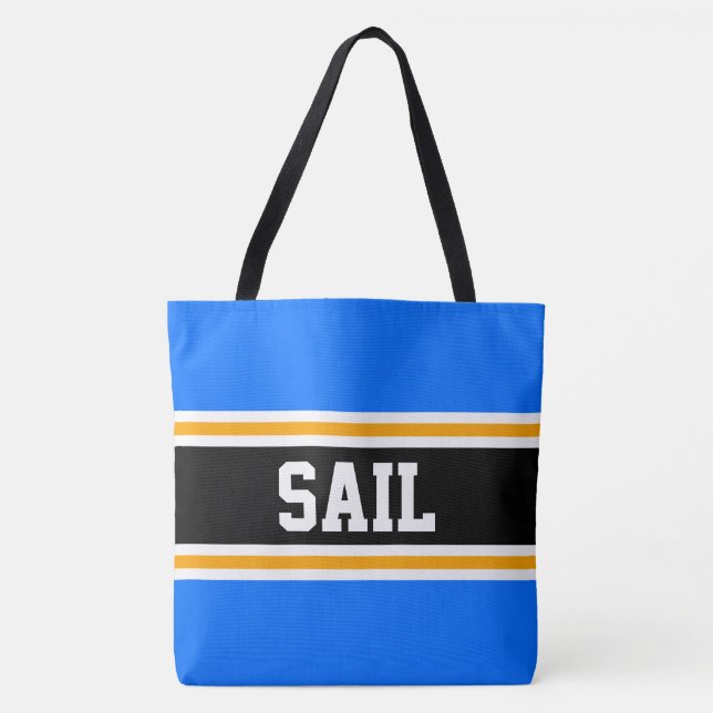 SAIL Fun Athletic Bright Blue Black Orange Stripes Tote Bag (Front)