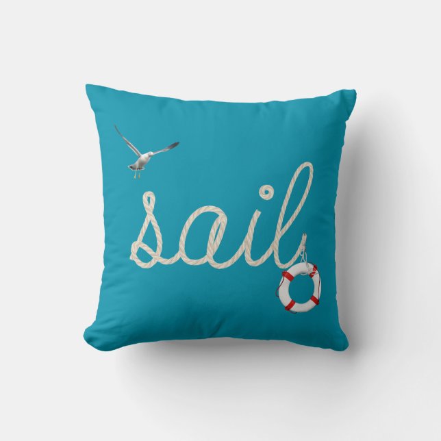 sail rope design and life ring on ocean blue colou cushion (Front)