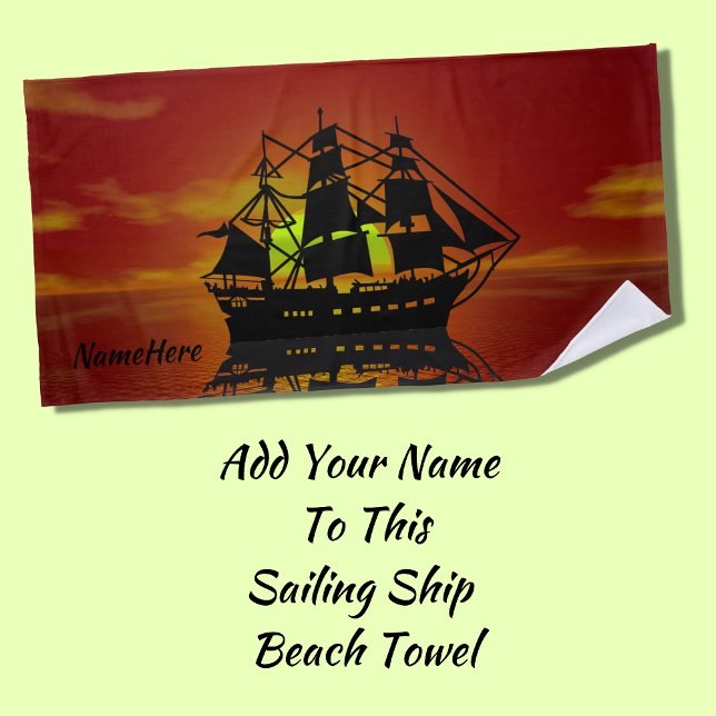 Sail Sailing Pirate Ship at Sunset, Add Name Red Beach Towel (Creator Uploaded)