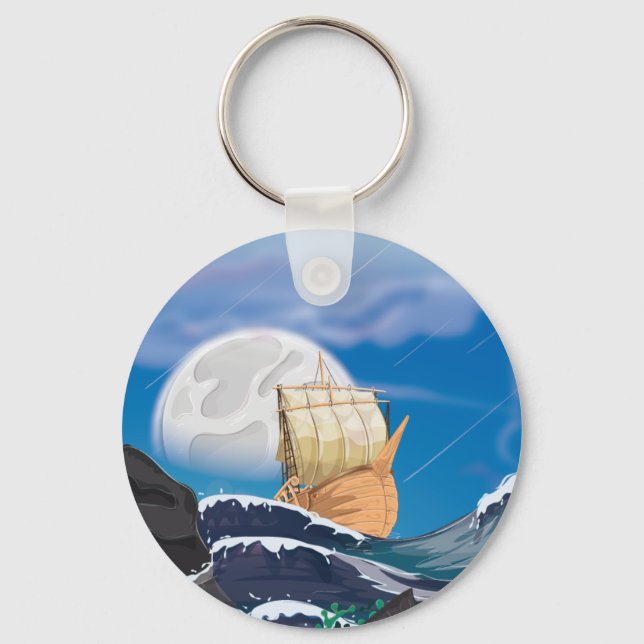 Sail Ship in Ocean Storm Key Ring (Front)