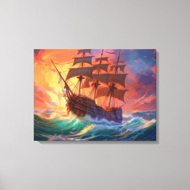 Sail Ship On A Stormy Sea Canvas Print (Front)