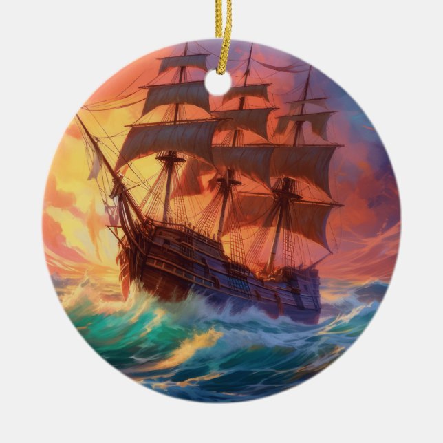 Sail Ship On A Stormy Sea Ceramic Tree Decoration (Front)
