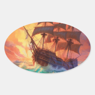 Sail Ship on a Stormy Sea Painting Oval Sticker