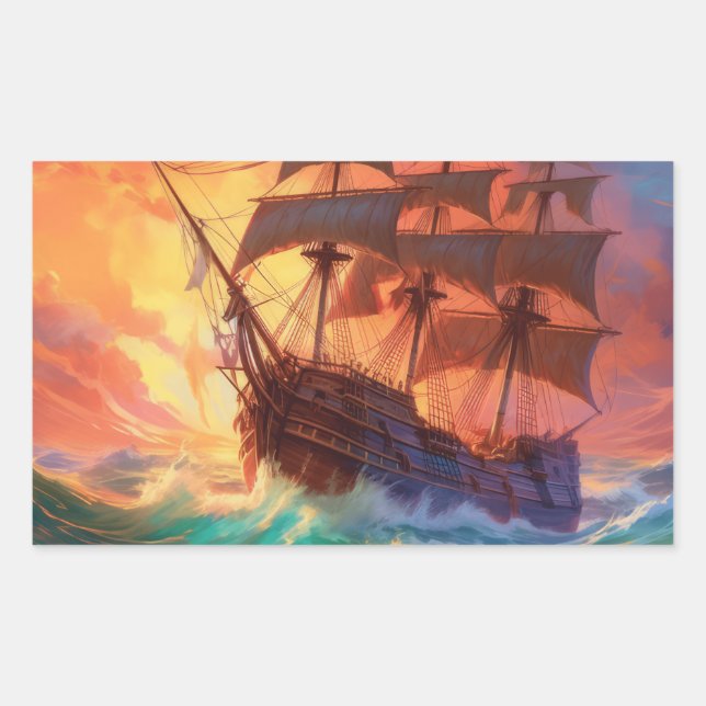 Sail Ship On A Stormy Sea Rectangular Sticker (Front)