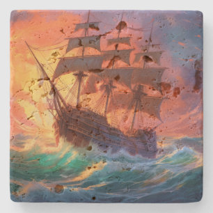 Sail Ship On A Stormy Sea Stone Coaster