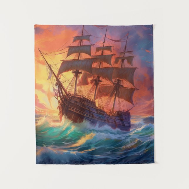 Sail Ship On A Stormy Sea Tapestry (Front)