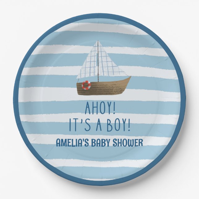  Sailboat Ahoy its a boy blue baby shower  Paper Plate (Front)
