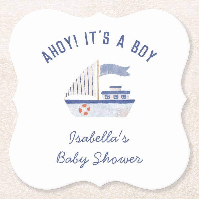 Sailboat Ahoy! It's A Boy Boy Baby Shower Paper Coaster (Front)
