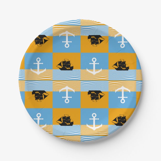 Sailboat and anchor pattern paper plate (Front)