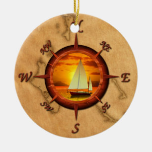 Sailboat And Compass Rose Ceramic Tree Decoration