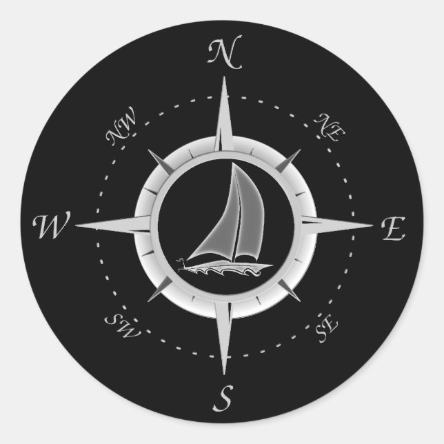 Sailboat And Compass Rose Classic Round Sticker (Front)