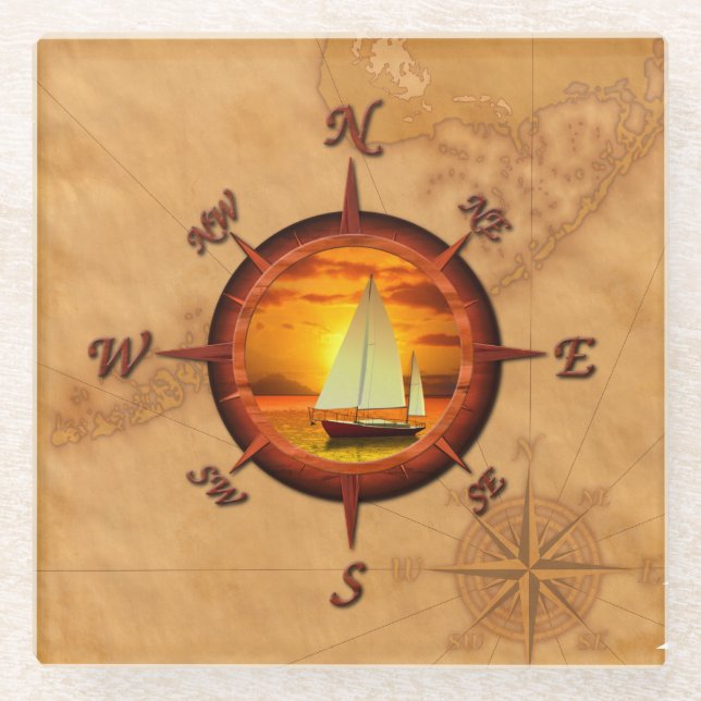 Sailboat And Compass Rose Glass Coaster (Front)