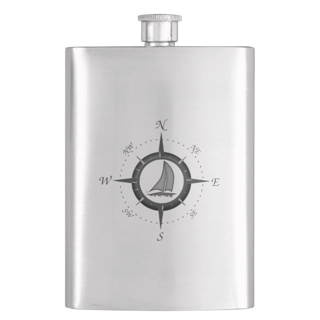 Sailboat And Compass Rose Hip Flask (Front)