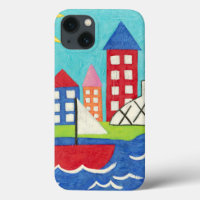 Sailboat and Hot Air Balloon with Cityscape