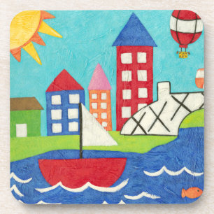 Sailboat and Hot Air Balloon with Cityscape Coaster